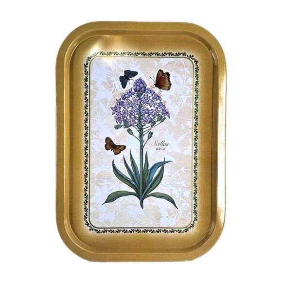 Vintage Butterfly Scillas Metal Tray ~16x11 Metallic Shimmer Paint Floral Medium - Picture 1 of 10